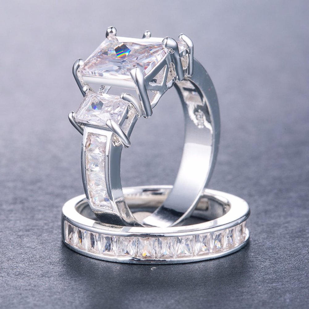 New 925 Sterling Silver 2pc Set Diamond Ring - Picture 3 of 4